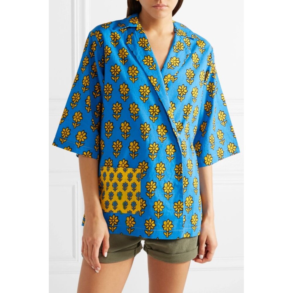 Rhode Resort Carl Printed Cotton-Voile Blouse Shirt Top Cotton Blue XS 215044